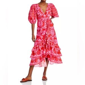 FARM Rio Pink and Red Floral Wrap Midi Dress